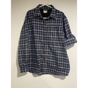 LL Bean Vented Shirt Mens Size Large Blue Plaid Long Roll Tab Sleeve Outdoor